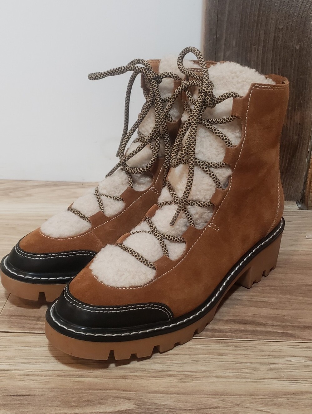 Soludos Women Aspen Camel Brown Faux Fur Lace Up Boots 8.5
